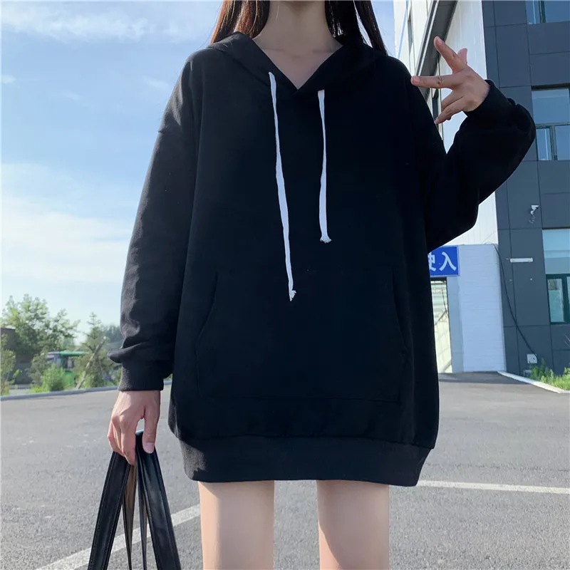

Hoodies Women Sweatshirt Casual Solid Colors Velvet Thick Warm Tops 2021 Spring Autumn Long Sleeve Pocket Oversized Pullover