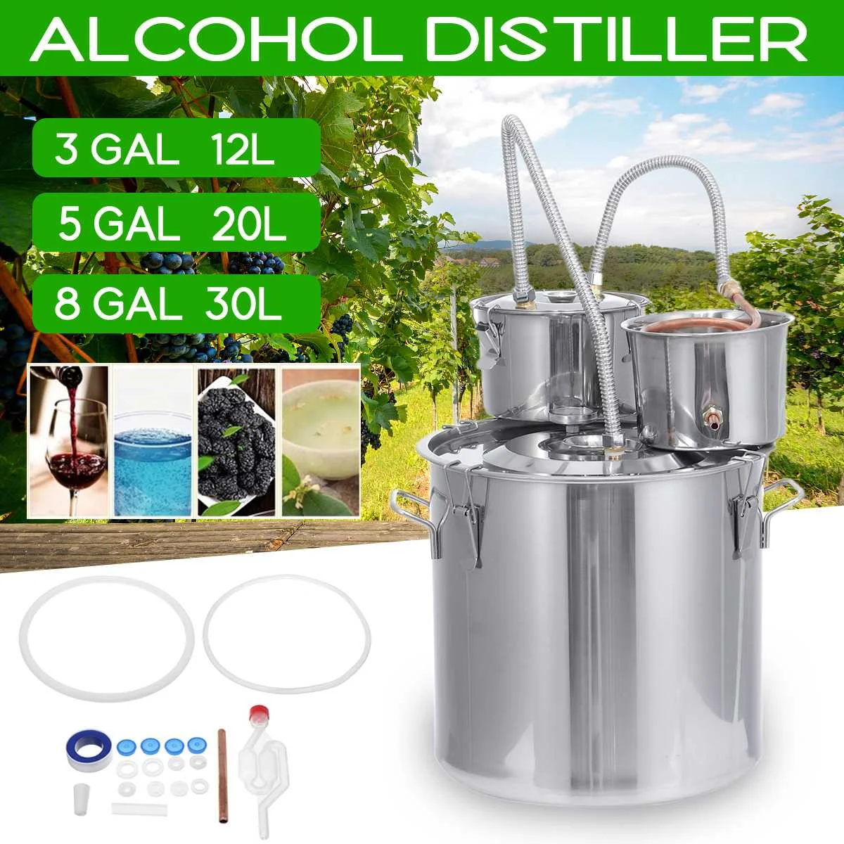

12L/20L/30L Efficient Distiller Moonshine Alcohol Stainless Copper DIY Home Brewing Kit Water Wine Essential Oil Brewing Kit