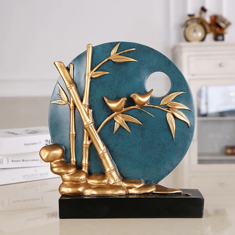 

Nordic Round Plate Figurines For Home Decoration Gold Bamboo Bird TV Cabinet Decoration Ornament Resin Crafts Living Room Decor