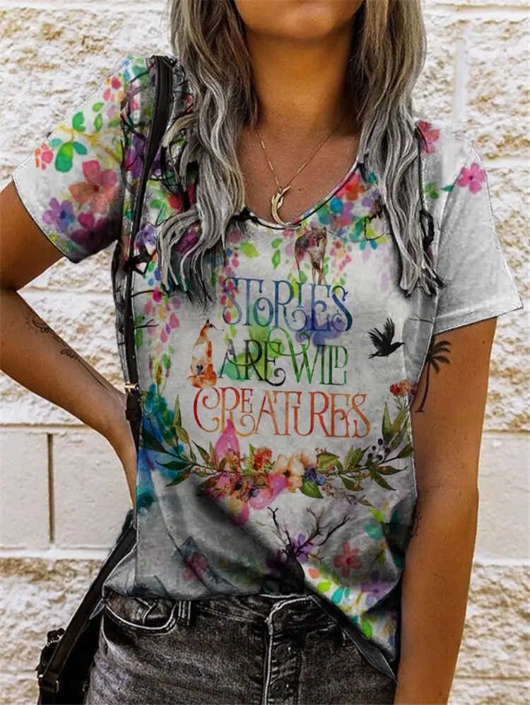 

V Neck Tshirt Women's Summer Casual Oversize Print Shirt Tops Loose Vintage Female Tee Streetwear Y2K Short Sleeve Clothes S-3XL