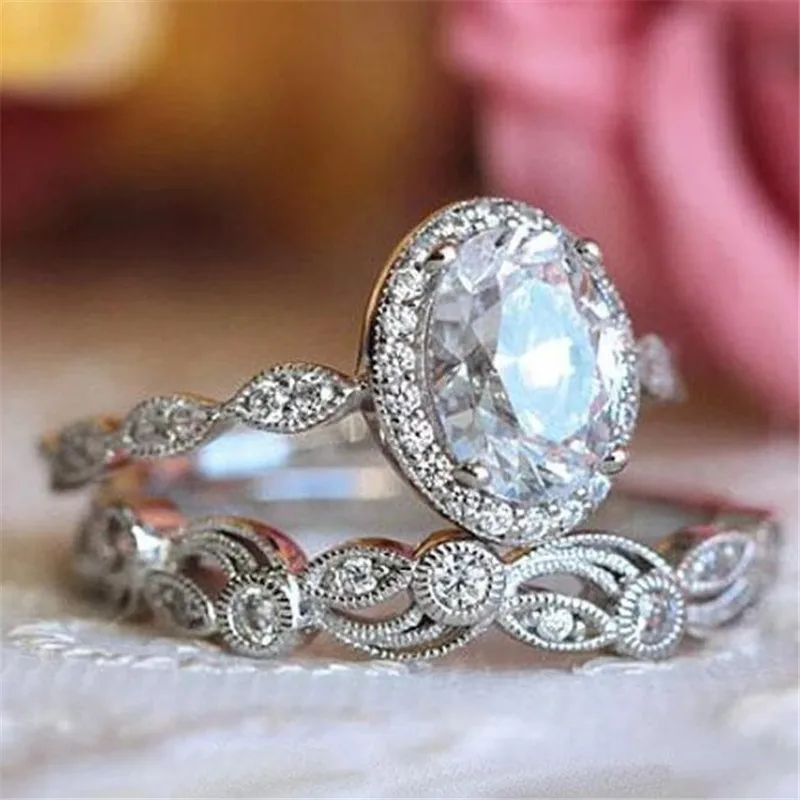 

Unique Cocktail Vintage Jewelry 925 Sterling Silver Couple Rings Oval Cut White 5A Zircon CZ Women Wedding Bridal Ring Set Gift