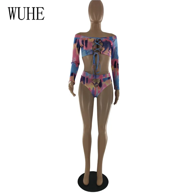 

WUHE Gradient Print Bikinis 2 Sets Long Sleeve Slash Neck Cross Lace Up Hollow Out Top and Panties Beach Holiday Casual Swimsuit
