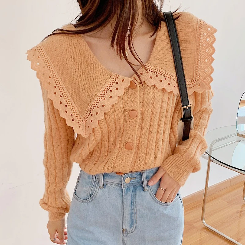 

Korea Chic Autumn Gentle Orange Large Lapel Lace Stitching Chic Buttons Loose Long-Sleeved Sweater Top