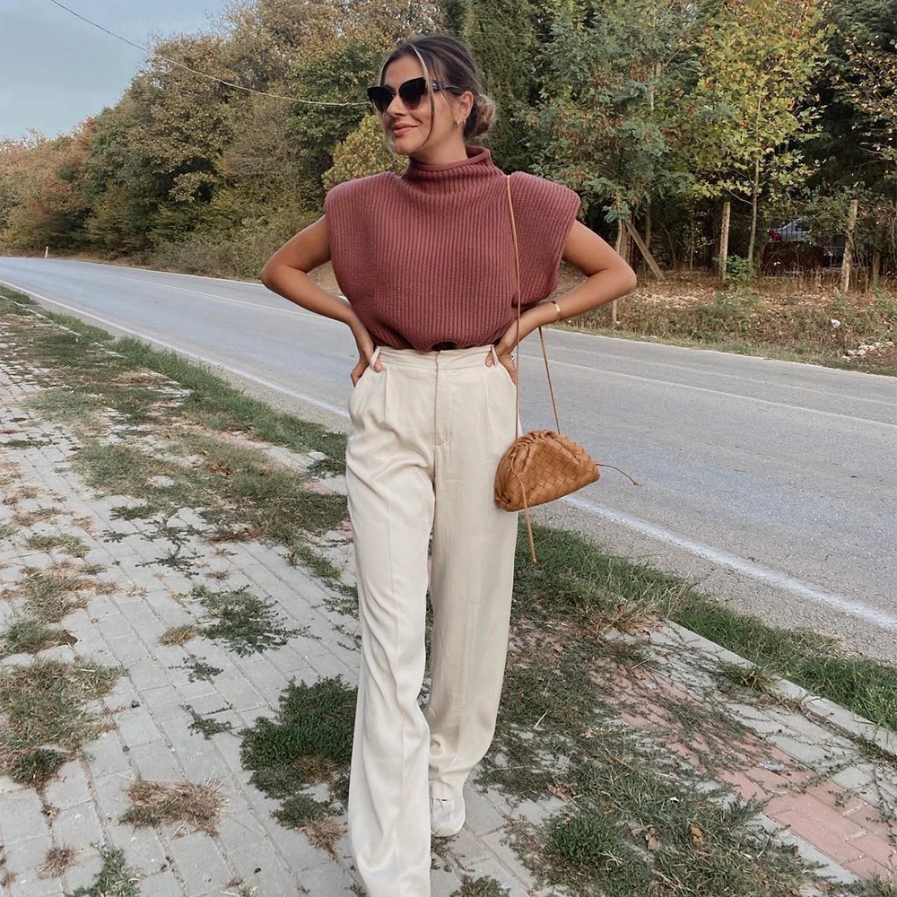 

Fall Winter Pop Women Knit Sweater Vest Wide Shoulder Pads Sweater Women Pullover High Street Warm Knitted Tank Tops