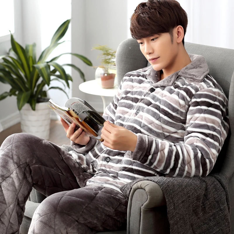 Korean Flannel Winter Pajamas Men Velvet Fashion Teenager Pajamas Gauze Winter Thick Homewear Pijama Masculino Underwear Eg50sy