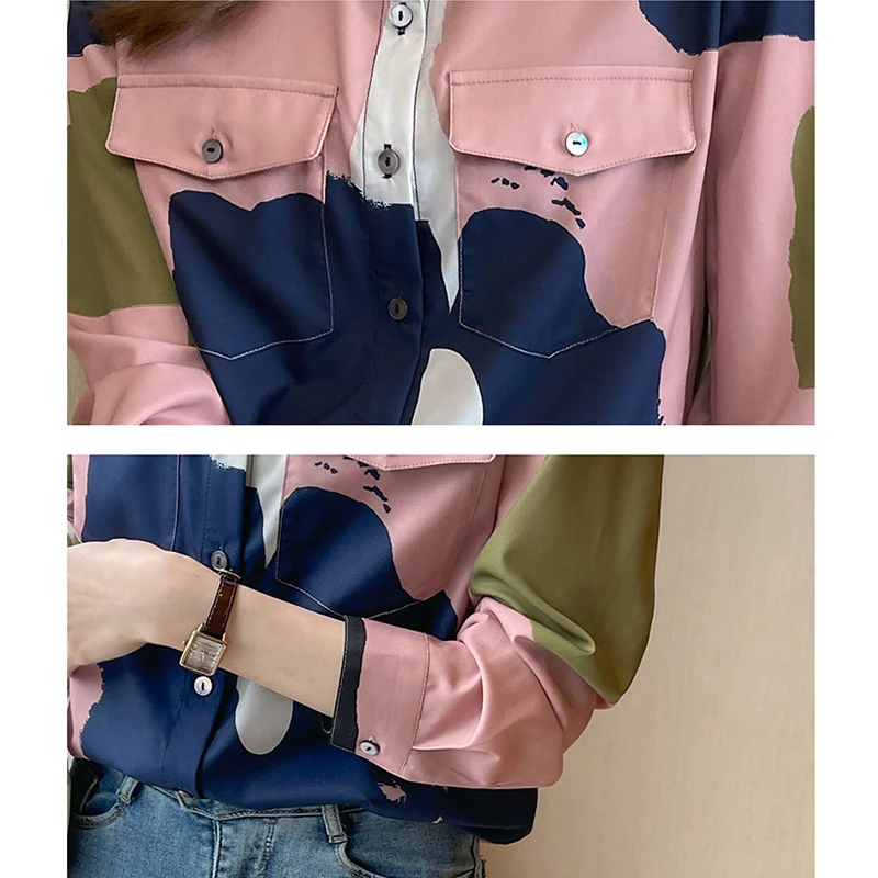 

SURMIITRO Color Contrast Shirt Women 2021 Spring Autumn Long Sleeve Korean Chiffon Feminine Blouse Female Chemisiers Chemises
