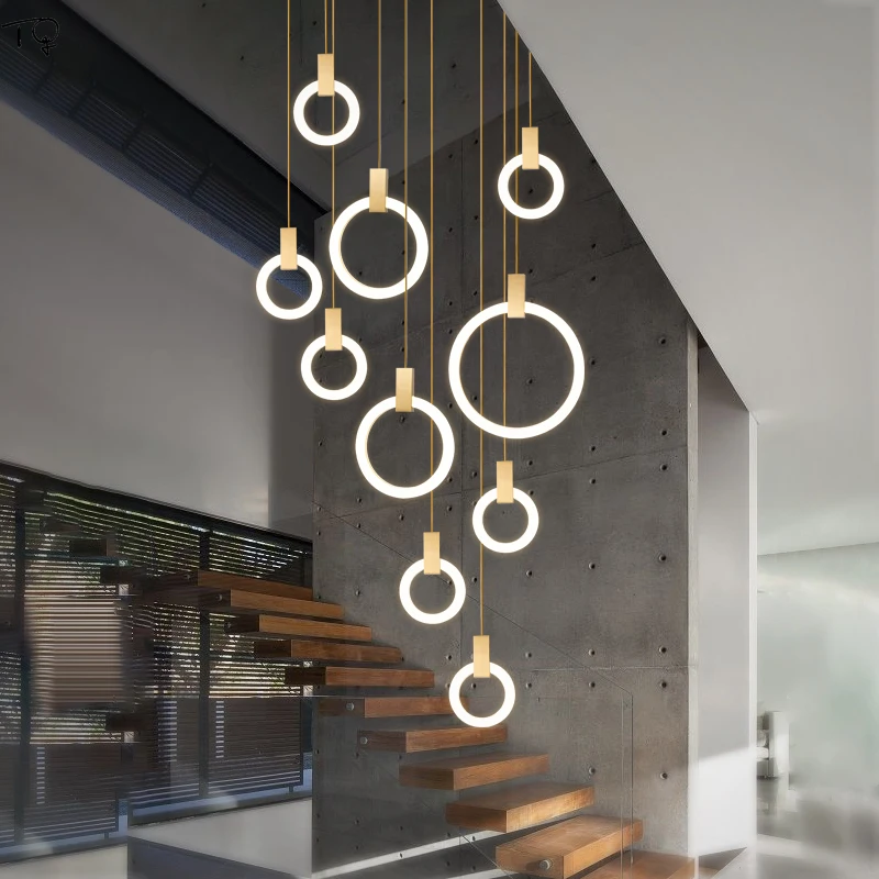 値段 北欧の高級ファッションゴールドリングペンダントライトスパイラル階段二重階段リビングルーム、モダンなシンプルなキッチン照明器具