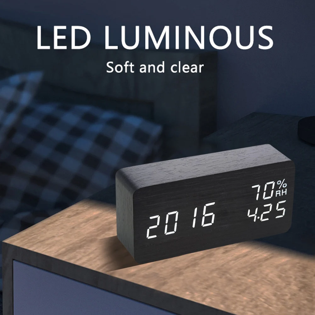 

Wood Electric Desk Clock Digital Alarm Clock with 12/24H LED Time/Date/Temperature Display, Snooze, Sound Control Sleep