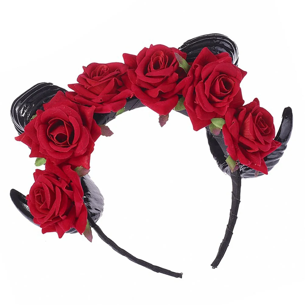 

Horns Headband Headdress Rose Flower Headwear Costume Accessory