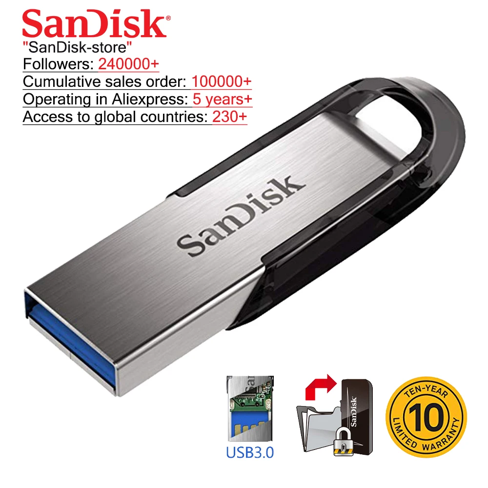 SanDisk 100% оригинал USB 3 0 флеш накопитель 16 ГБ 32 64 128 256 карта памяти 10 лет гарантии|USB