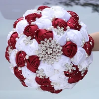 handmade ribbon wedding rose flowers rhinestone bridal bouquets pearl bridal holding bouquet fleur artificielle mariage w224d
