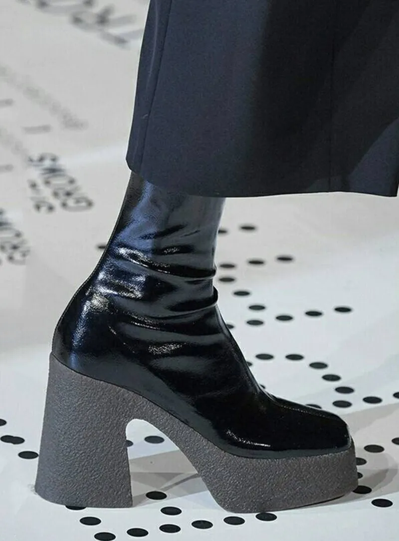 

Runway Platform Chunky Heels Stretch Ankle Boots Women Fashion Designer Square Toe Womens Winter Knight Boots Shoes For Women