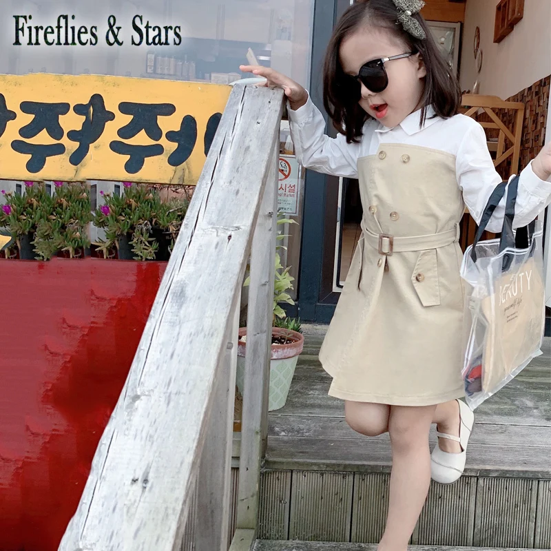 Spring Autumn girls blouse dress Baby kids brand clothes Children vestidos fake two waistband double breasted 3 to 8 yrs | Детская