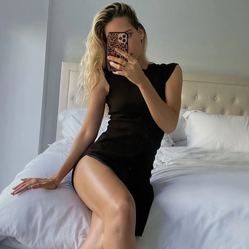 

Women Short SPring Vintage White Dress Casual Split Office Summer Dress Black Elegant Ladies Dresses Cotton Women Club