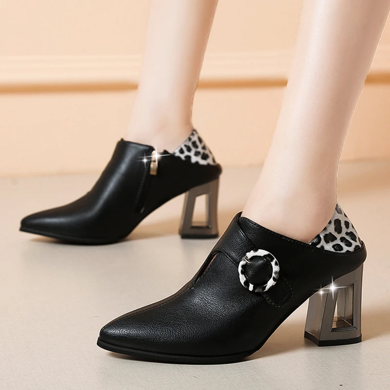 

Sexy Leopard Patchwork Boots Women Fashion Pointed Toe Buckle Booties Woman 2019 Autumn Fretwork High Heels Ladies Shoes N1-16