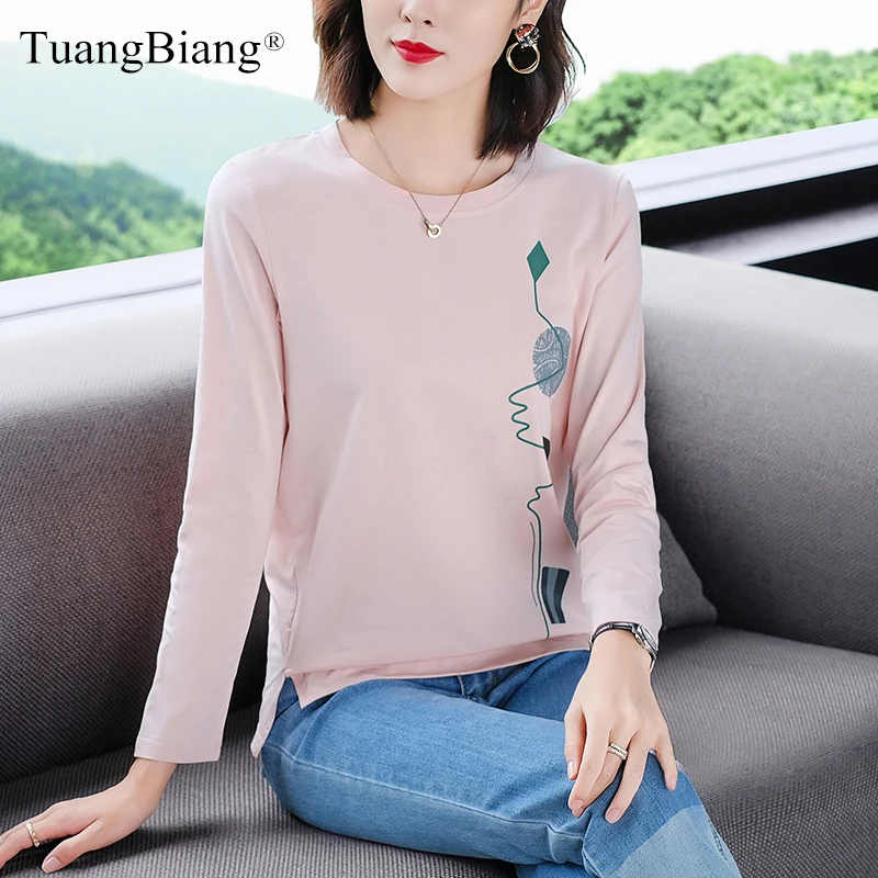 

Fashion 2021 Woman Spring Irregular Hem Cotton T-Shirts Personalized Printing Loose O-Neck Tee Femme Long Sleeve Pink Green Tops
