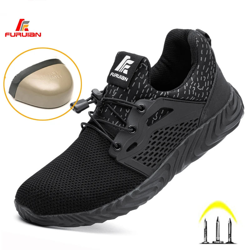 

Furuian Men Safety Shoes Anti-Smashing Black Work Shoes Soft Anti-Piercing Focding Pesistant Steel Toe Sneakers For Men