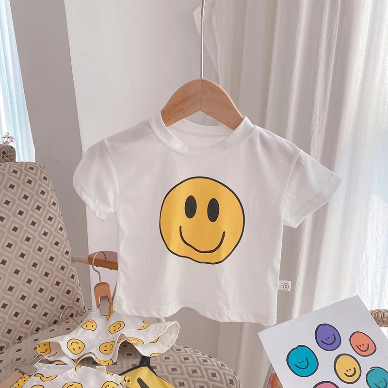 

MILANCEL 2021 Summer New Kids Clothes Smile Print T-shirt Korean Girls Tees Cotton Short Sleeve Boys Tops