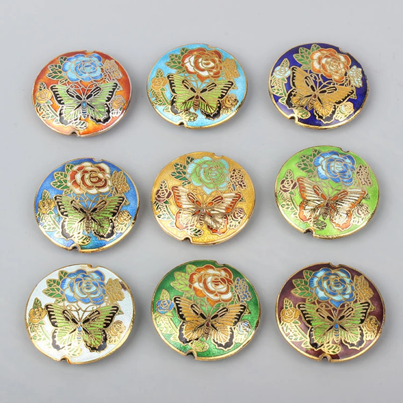 

Enamel Color Large Butterfly Peony Round Bead Cloisonne Filigree Copper Accessories DIY Jewelry Making Long Necklace Pendants