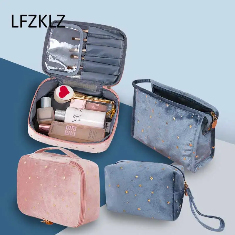 

Women's Velvet Cosmetic Bag Make Up Organizer Travel Make Up Necessaries Organizer Zipper Makeup Case Pouch Toiletry Kit Bags