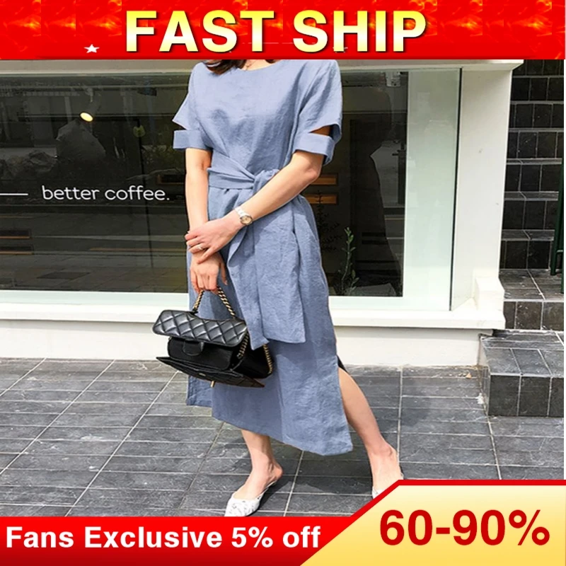 Модное Простое Элегантное корейское длинное платье для женщин на шнуровке