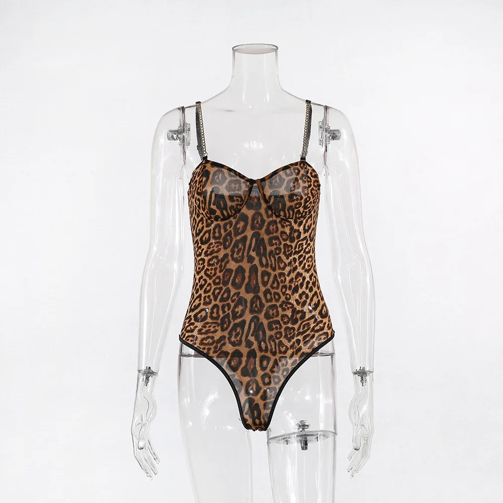 

VIBESOOTD Summer Fashion Leopard Bodysuits Chain Spaghetti Strap Backless Sexy Jumpsuits for Female Animal Printing Body Suit
