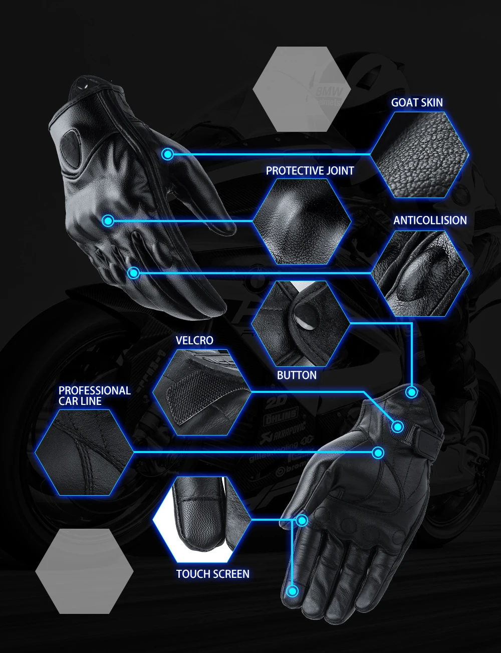 Retro Perforated Real Leather Motorcycle Gloves Moto Waterproof Winter Warm Gloves Motocross Motorcycle Protective Gears