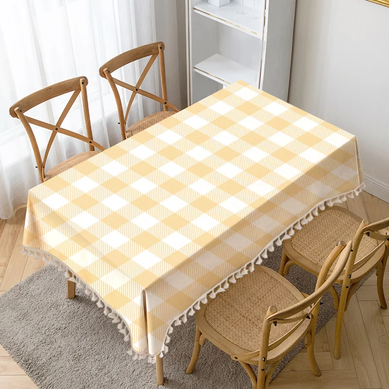 

Yellow Grid Printing Table Cloth Tassel Waterproof Tablecloth Thick Rectangular Manteles Mesa Party Wedding Decor Table Cover