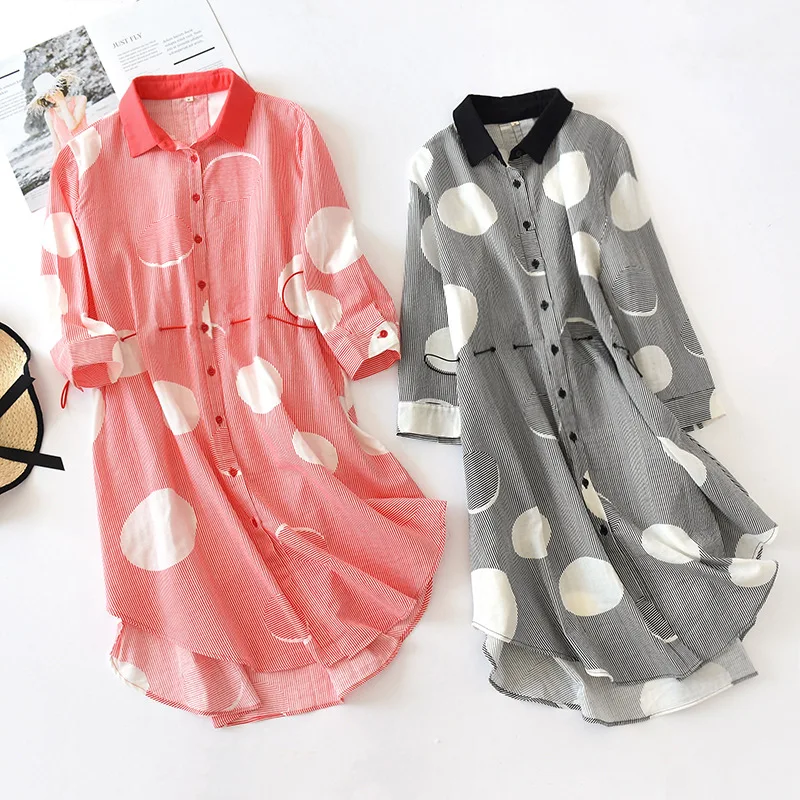 

Spring New 100% Cotton Gauze Nightgown Three Quarter Printing Sleepshirts Women Turn-down Collar Sleepwear Sleeping Dress
