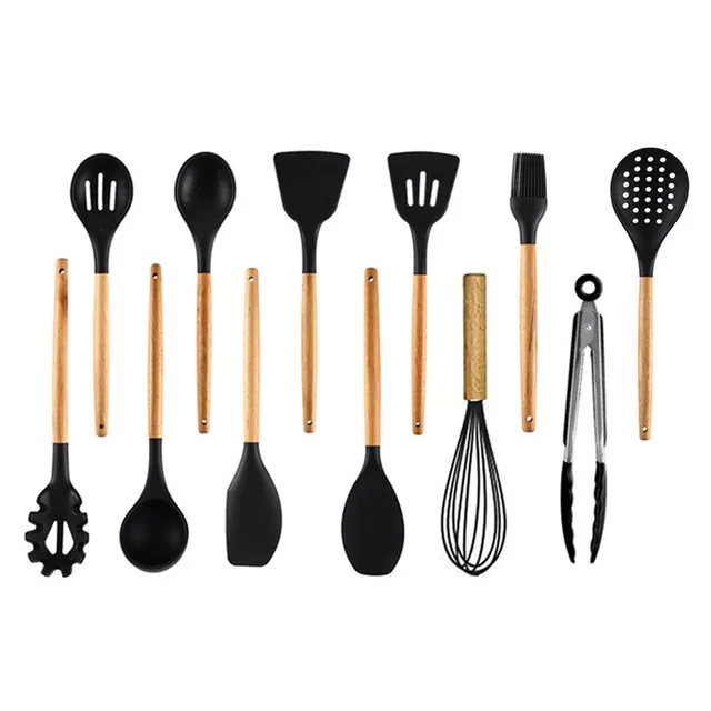 12pcs 5-13 шт силиконовые инструменты для приготовления пищи набор кухонной посуды с ящиком для хранения токарные щипцы шпатель с деревянной ручкой Антипригарная посуда - Цвет: 12pcs