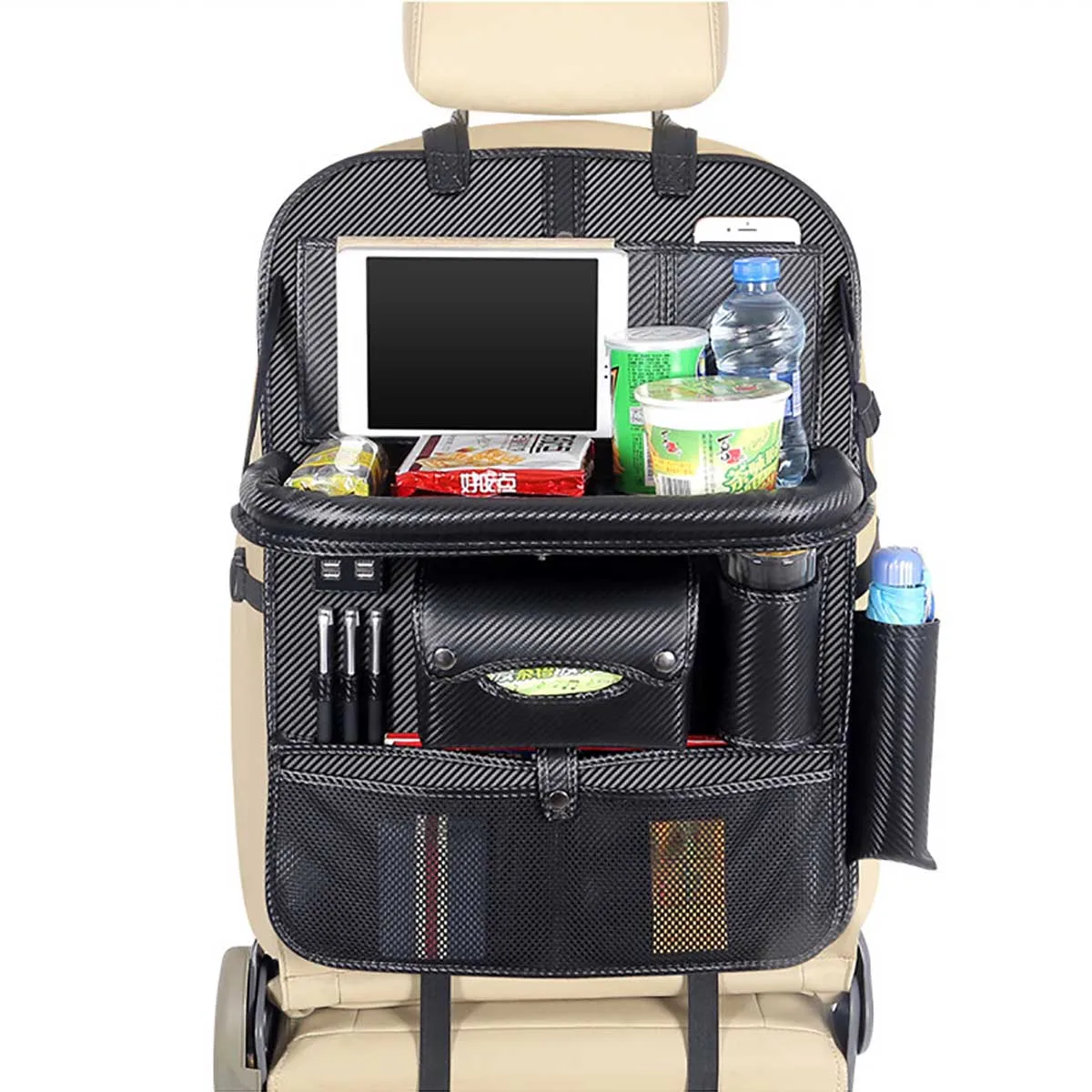 Продажа Из искусственной кожи органайзер для заднего сиденья автомобиля Черный 10 карманов, подвешиваемые сумки с 4 USB Порты и разъёмы на заднем сиде...