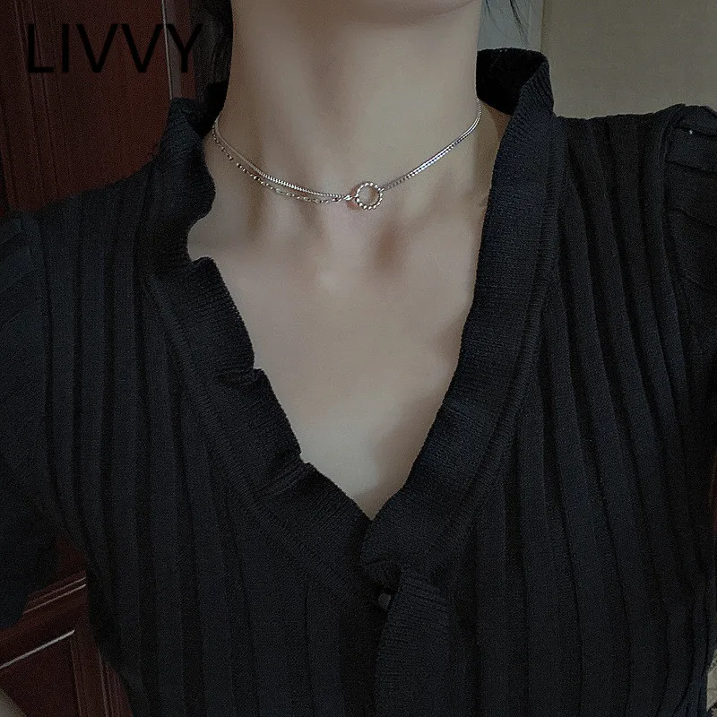 

LIVVY Silver Color Double Layer Round Circle Necklace for Women Fashion Creative Geometric Choker Necklace Jewelry