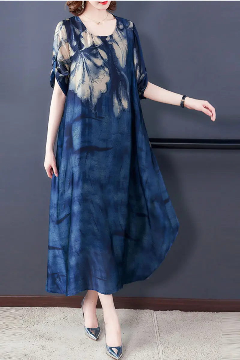 

Personality Temperament Silk Dress Summer Cool Big Swing Drape Fashion Lady Dress Roll-up Sleeve Spring Loose Femme Vestido k266