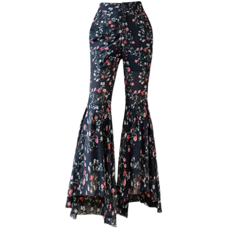 

Casual Flare Pants Summer Female Fashion Summer Women's Vintage Flower Ankle-length Pants Ruffle High Waist Bell Bottom Leggings