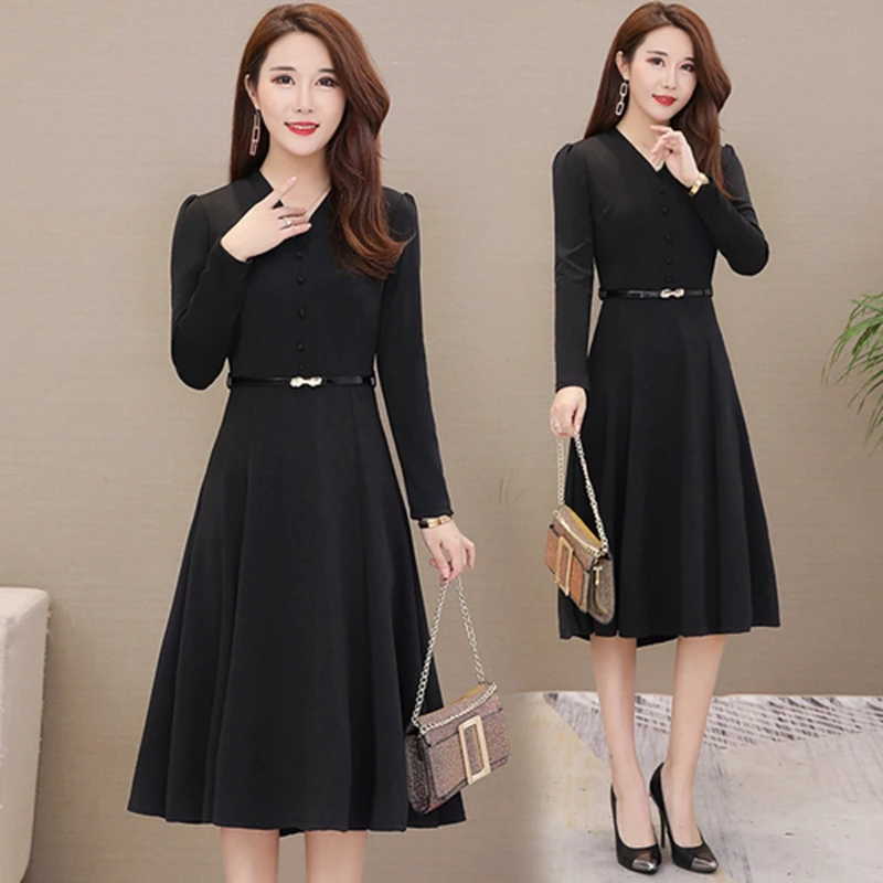 2019 осенне зимнее платье с длинными рукавами женское винтажное тонкое офисное