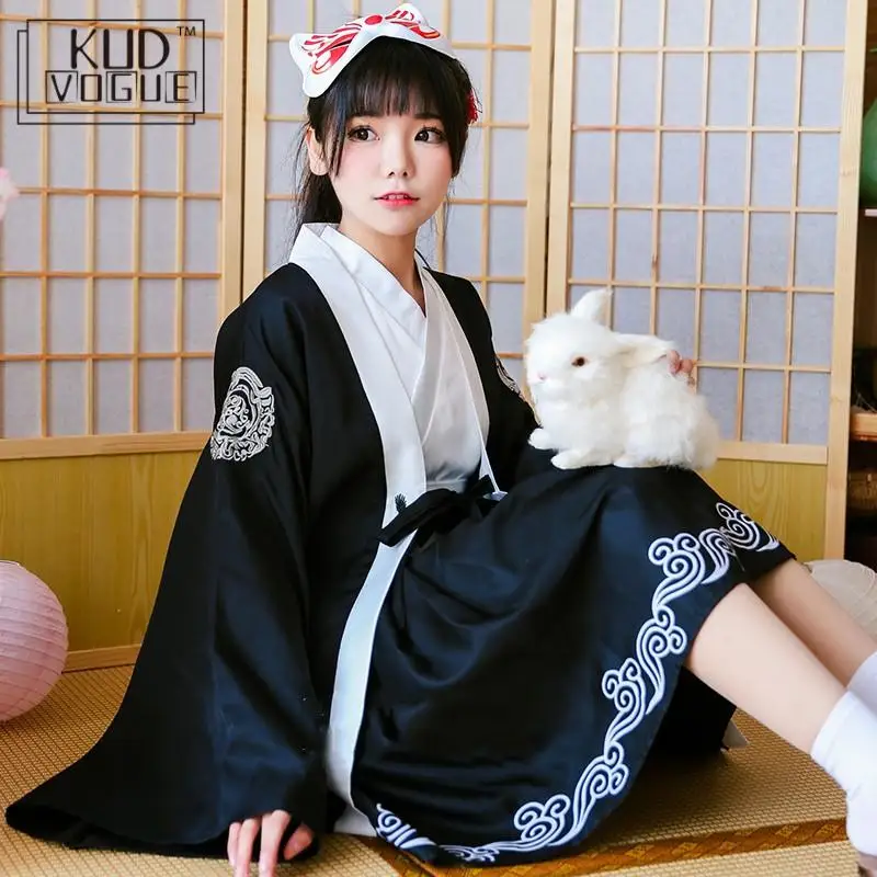 Кимоно японский юката Темный самурайский журавль девушки готическое платье для