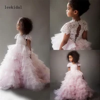 2020 light pink tiered flower girl dress with train lace top new pageant birthday gowns cap sleeves tulle birthday gowns