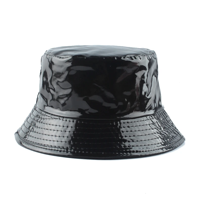 

2021 New Fashion Waterproof Black Bucket Hat Reversible Leather Fishing Cap Unisex Fisherman Hats Hip hop Casual Sun Caps