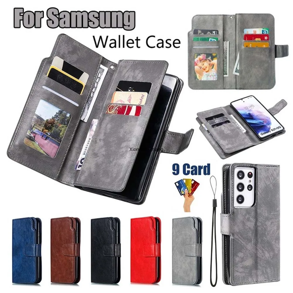 

9 Card Holder Retro Magnetic Flip Wallet Leather Phone Case for Samsung S21 Ultra Plus S20 Ultra Note 10 Plus S10 S10e S9 S8 S7