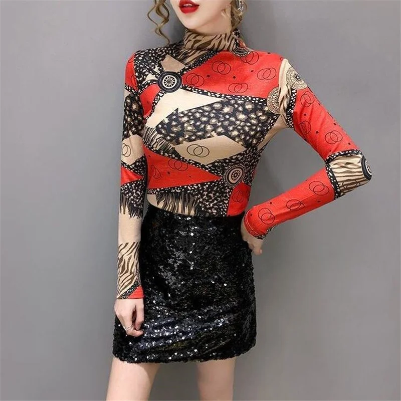 

Stretch Vintage Print T-shirt Femme Half-high Collar Bottoming Shirt Slim Undershirt Tee Top Autumn Winter Tshirt Camiseta mujer