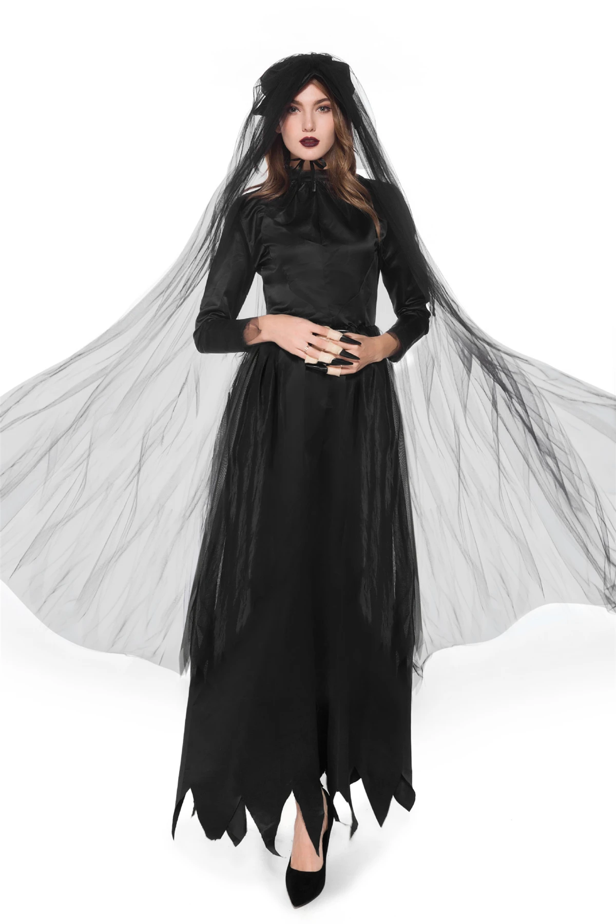 

Женский костюм для косплея страшного ужаса, черный костюм ведьмы, вампира, привидения, невесты, на Хэллоуин, для вечеринки, с вуалью