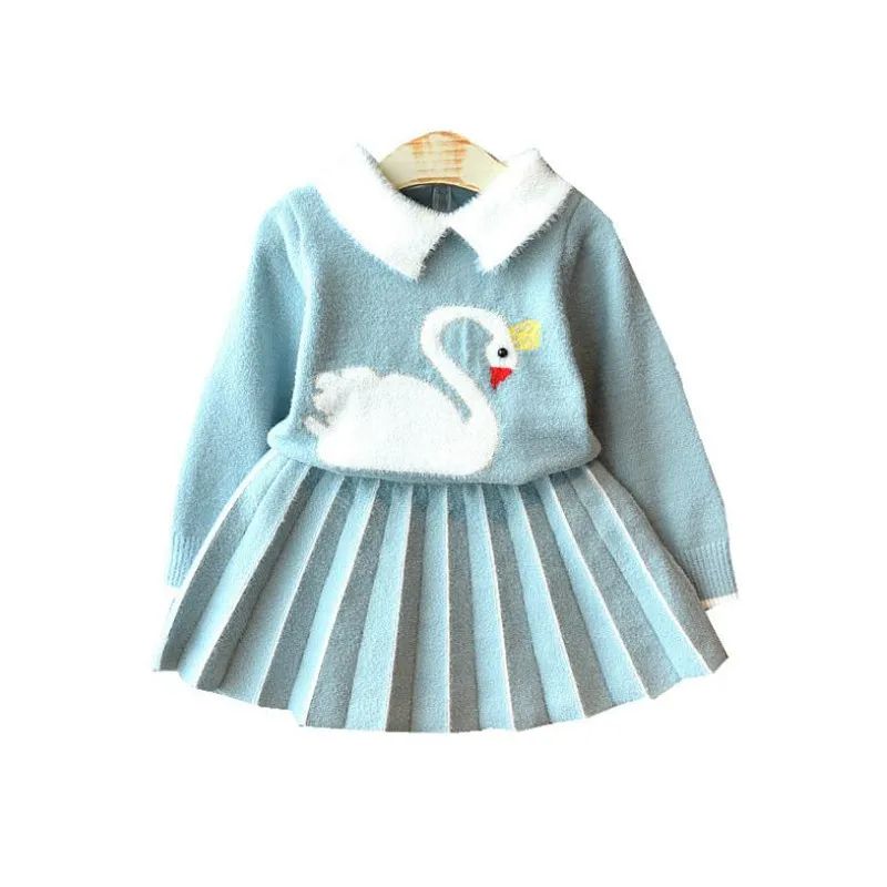 

Kids Fall Clothes Girl Clothing Sets Long Sleeve Velvet Swan Knitted Sweater+Tutu Skirt 2pc Princess Set 2-7Yrs Girls Outfits