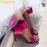 choudory women fuchsia satin cloth big bowtie sandals stiletto heel silk fabric butterfly knot wedding shoes evening dress shoes