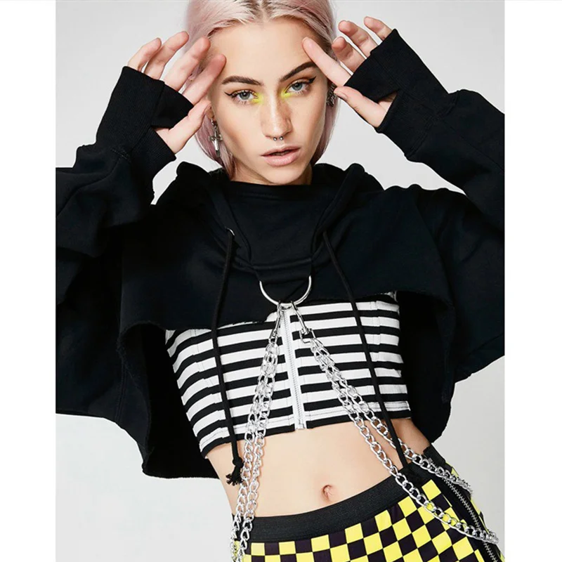 Красно-черный Укороченный свитшот Helisopus с капюшоном Осенний Повседневный