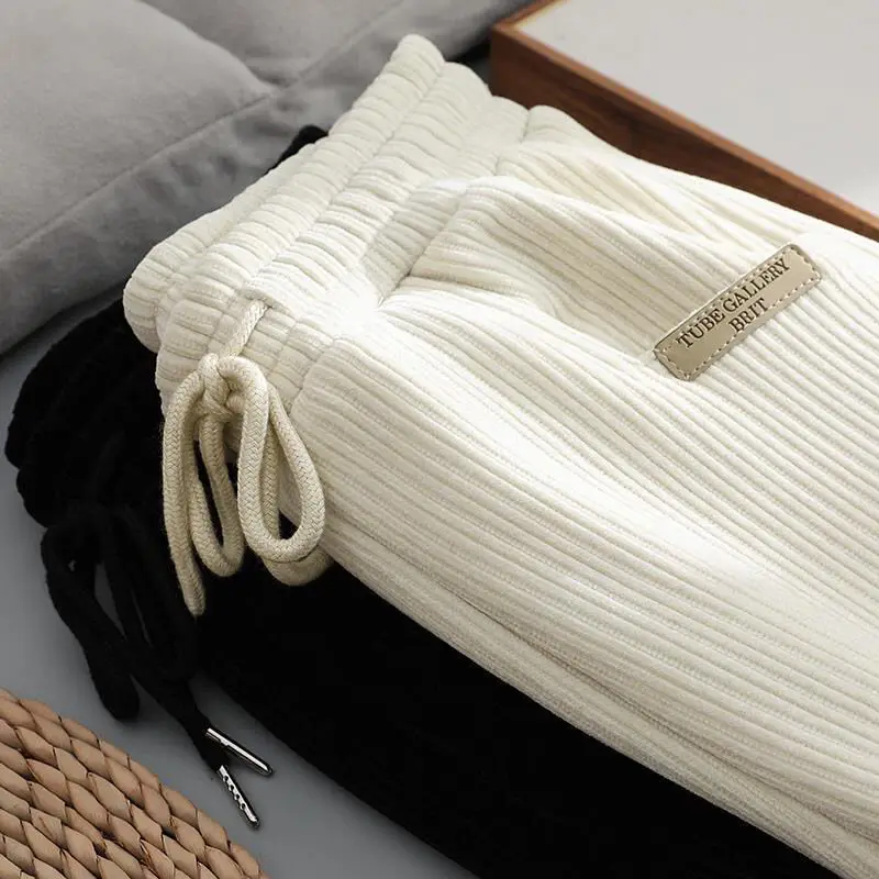 

Autumn Winter Corduroy Pants for Women High Waist Straight Pants Velvet Solid Black White Loose Casual Wide Leg Trouser Wpmen