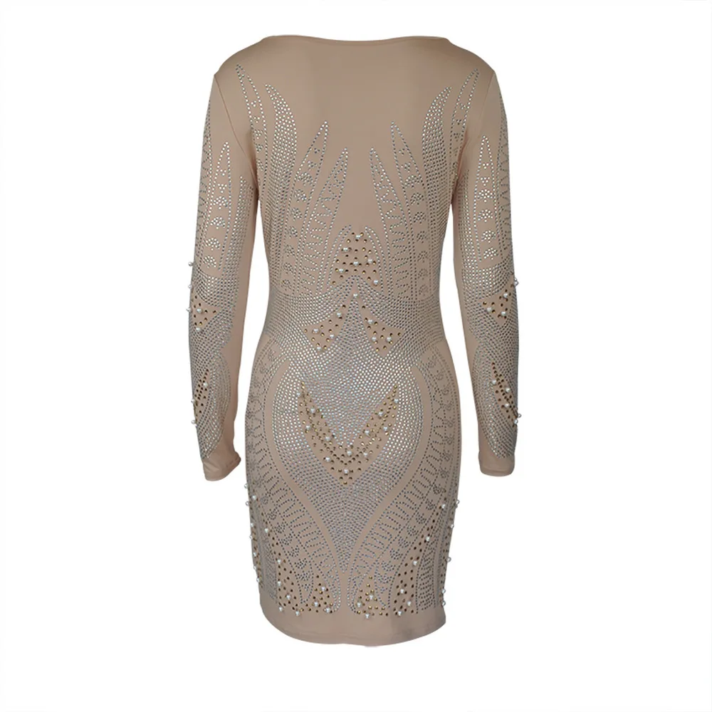 

Beading Rhinestones Spliced Skinny Mini Dress Women Fashion Round Neck Long Sleeve Vestido Elegant High Waist Party Club Dresses