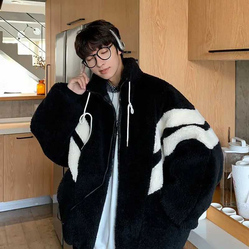 

Lamb wool cotton coat couple short cotton jacket 2021winter new Harajuku Korean fashion patchwork casual loose cotton coat trend