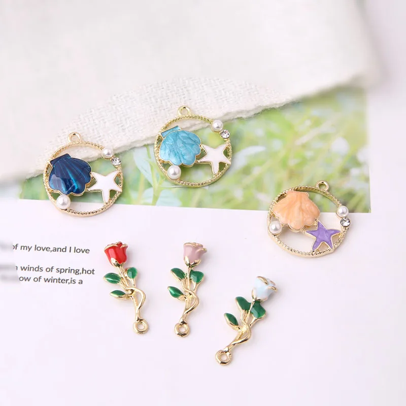 

10pcs Rose pearl shell Alloy Metal Drop Oil Flower Charms Connector For DIY Bracelet Necklace Jewelry Craft Accessories Making