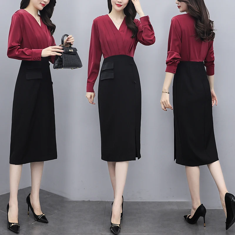 

Elegant Slim Waist Dress Women 2021 Korean Long Sleeve Office Lady Patchwork Dresses Ladies V-neck Fake Two Dress Woman