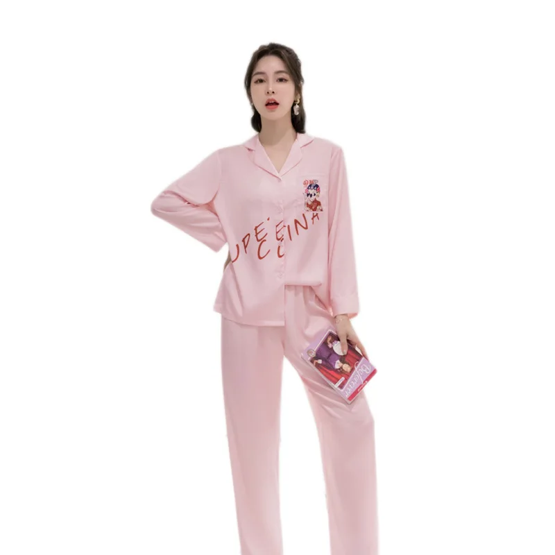 

Pink Chinese Cartoon Print 2PCS Pajamas Suit Lady Satin Turn-down Collar Shirt&Pant Nightwear Lounge Sleepwear Autumn Home Wear